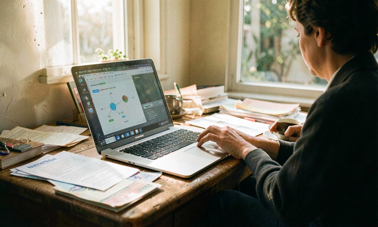 Small business owner at a messy desk, laptop showing an AI interface, warm afternoon light streaming through a window, documentary style, candid shot