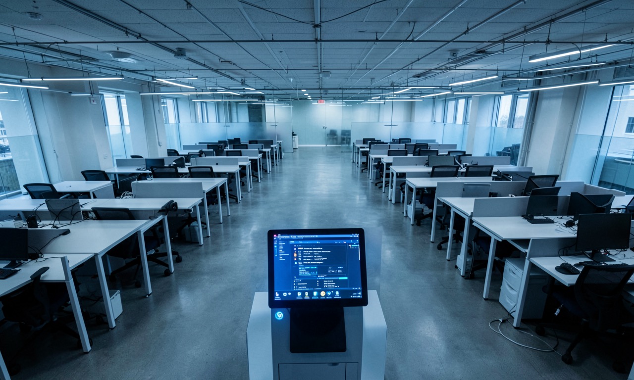 A modern open-plan office with empty desks and a single AI terminal glowing blue, overhead shot, documentary style