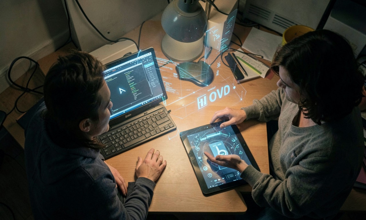 An overhead shot of two people at a desk, one staring at a conventional mouse cursor on screen, the other looking at a holographic interface, contrasting old and new interaction paradigms