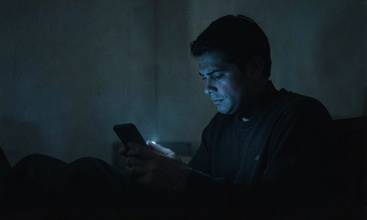 A person sitting alone at night in a dimly lit room, illuminated only by the glow of a smartphone screen, face partly shadowed, cold blue light, melancholic atmospheric mood, photojournalistic style