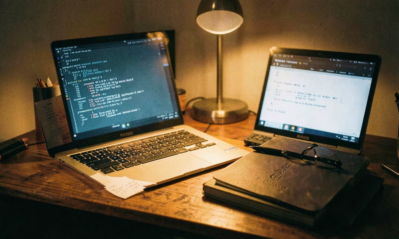 A writer's desk with a laptop showing AI text alongside handwritten notes, and smart glasses resting on a novel