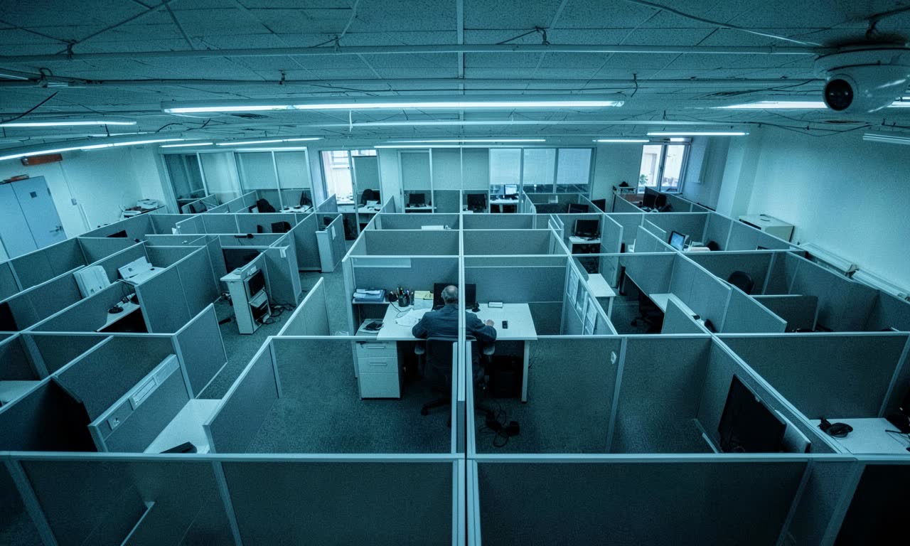 Office cubicles with a single manager standing in an empty floor, computer screens showing surveillance overlays, cold blue lighting, photojournalistic style