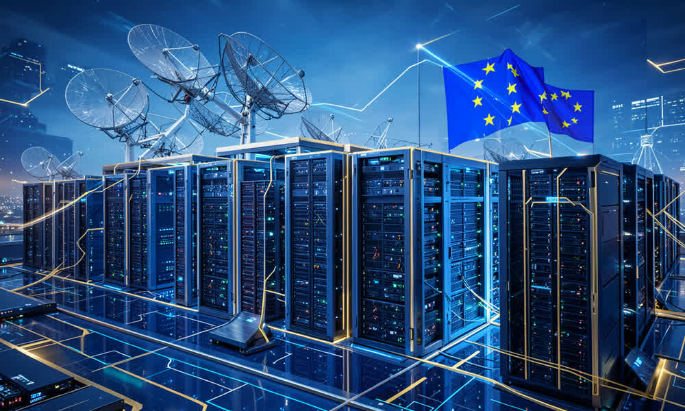 Futuristic data center with satellite dishes, GPU clusters, and European Union flag imagery