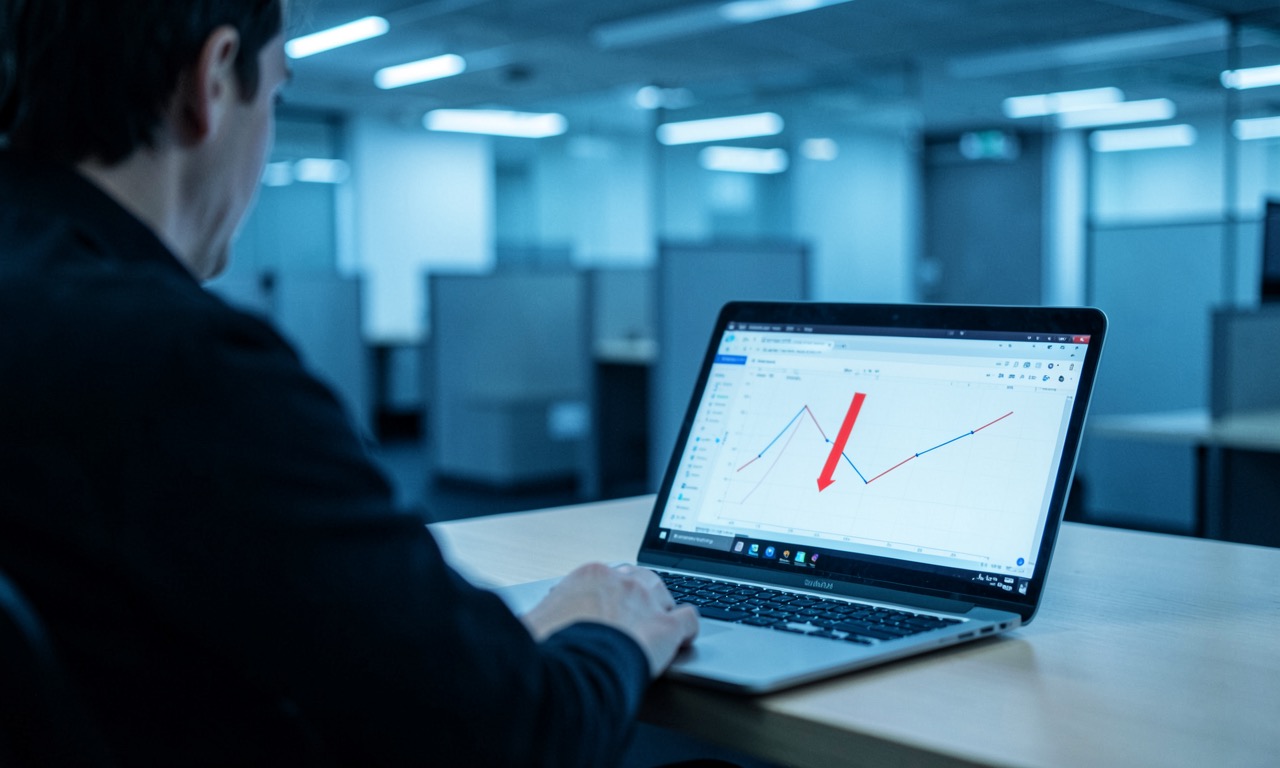 Person at a desk staring at a laptop showing declining data on screen