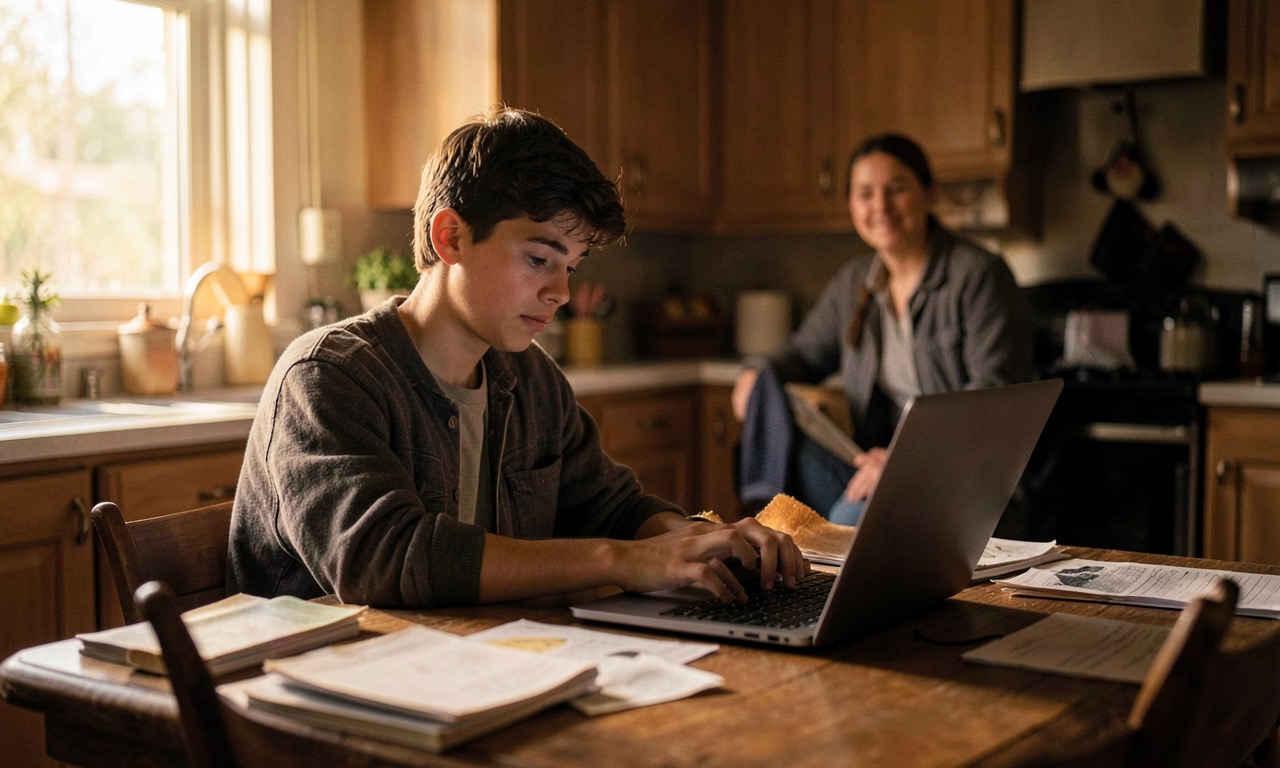 Documentary photo: a teenager sitting at a kitchen table working on a laptop with a parent looking over their shoulder, warm household lighting
