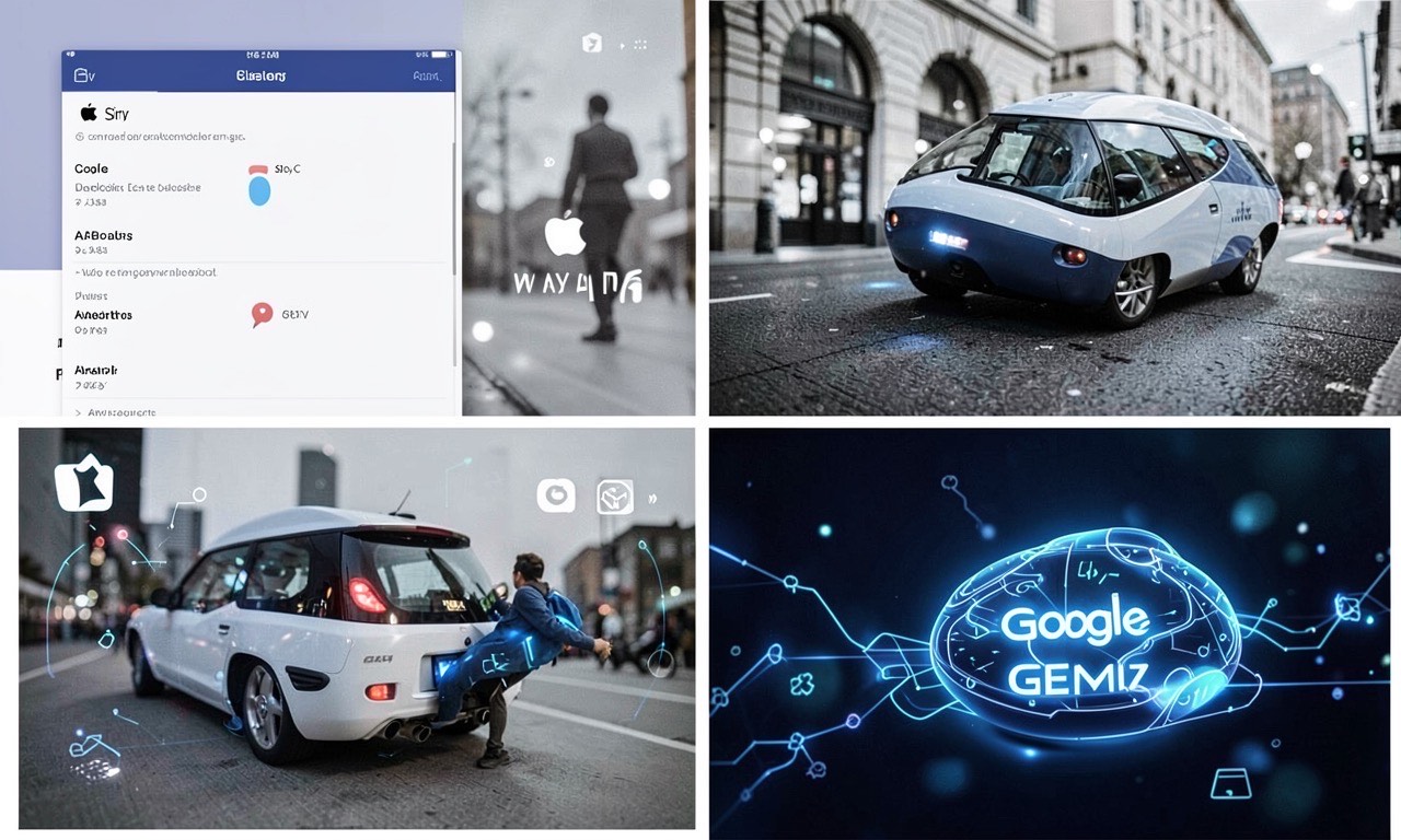 Collage showing Siri AI branding, Waymo vehicle, Google Gemini interface, and AI technology imagery