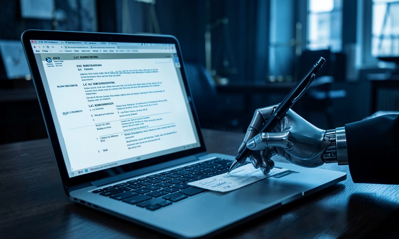 Laptop displaying legal documents with robotic hand signing paperwork, representing AI legal personhood