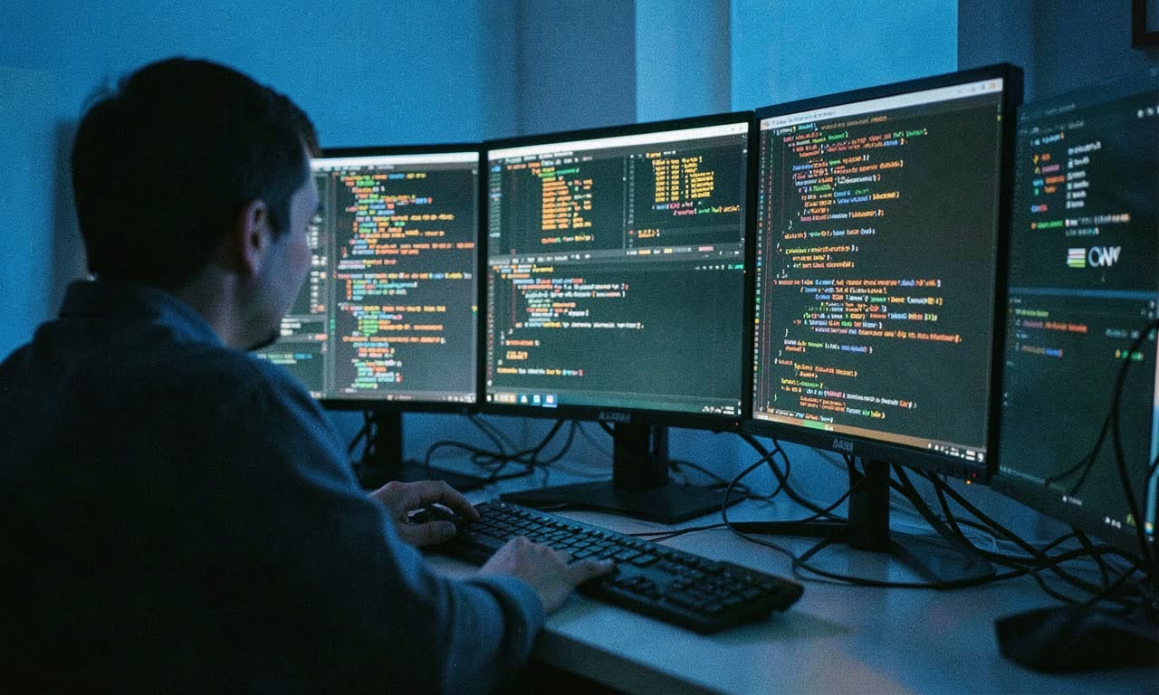 A person sitting at a desk with multiple monitors showing code and security alerts, cold blue lighting with warm screen glow, documentary photography style