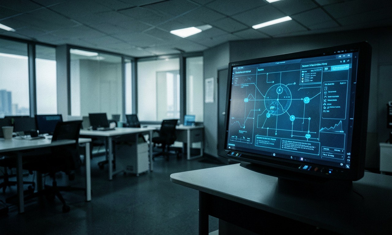 Corporate org chart being rewritten by an AI interface, muted office lighting