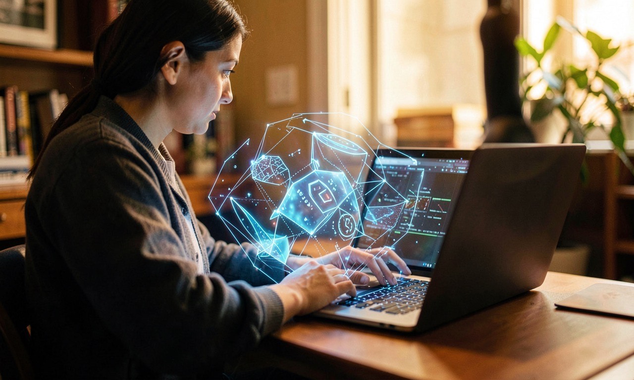 Person using laptop with AI security shield overlay, warm office lighting