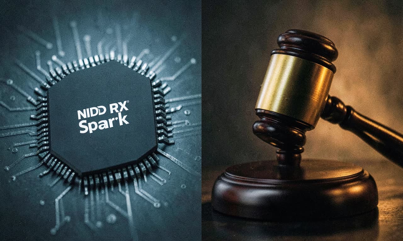 Split image showing Nvidia chip and legal gavel, symbolizing tech innovation meeting regulatory scrutiny