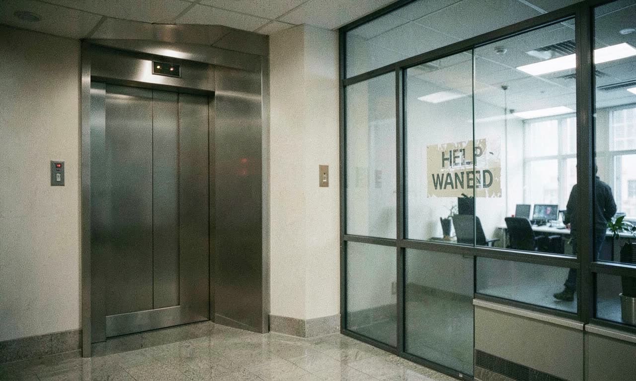 A corporate office lobby with elevator doors closed and a help wanted sign faded on the window, muted corporate lighting, documentary style