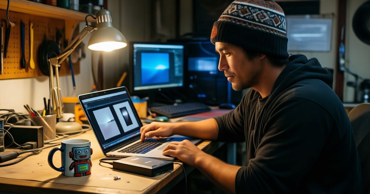 A man in a patterned beanie at a cluttered home workshop desk at night, backing up image files from a laptop onto an external hard drive.