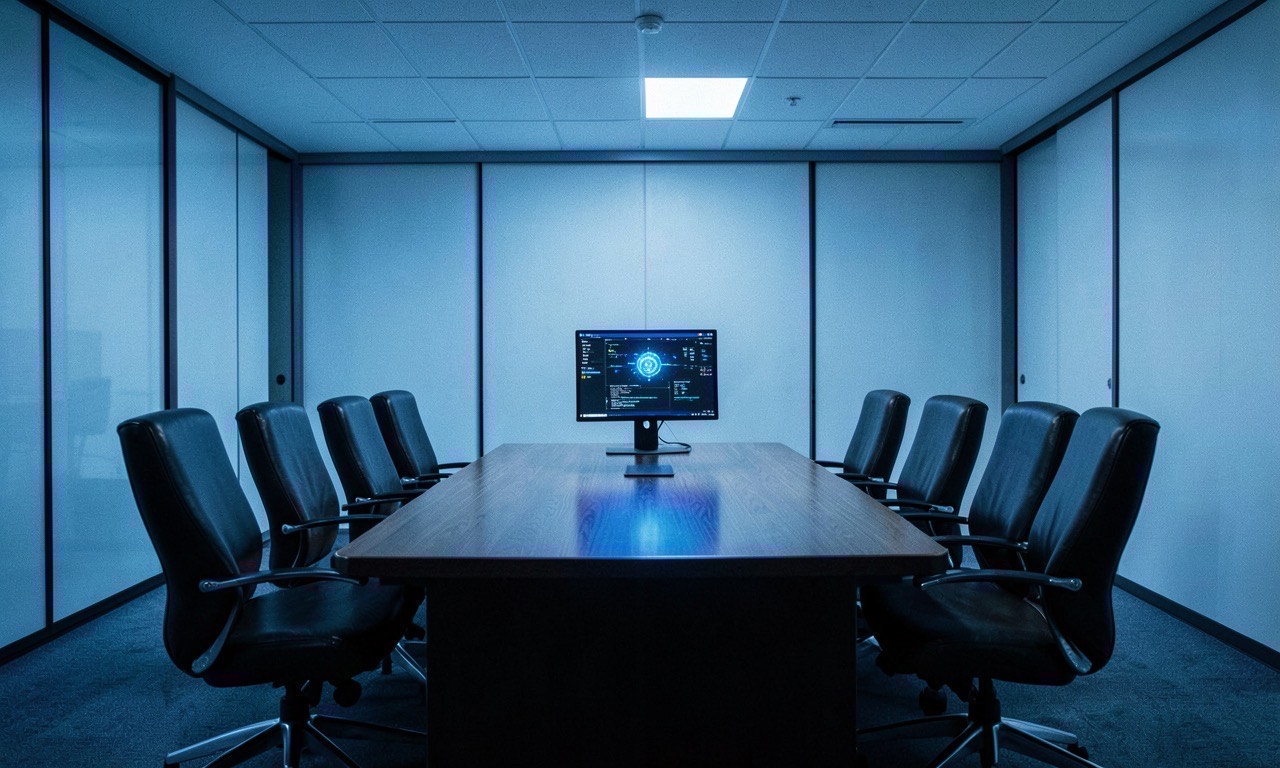A corporate boardroom with a single glowing AI terminal replacing a traditional desk, cold blue lighting, cinematic