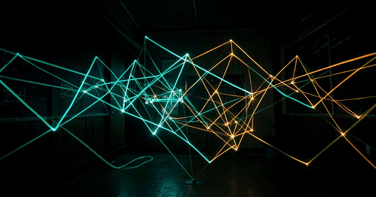 Abstract composition of glowing phosphorescent light trails forming geometric patterns against a dark academic backdrop, symbolising AI-augmented learning