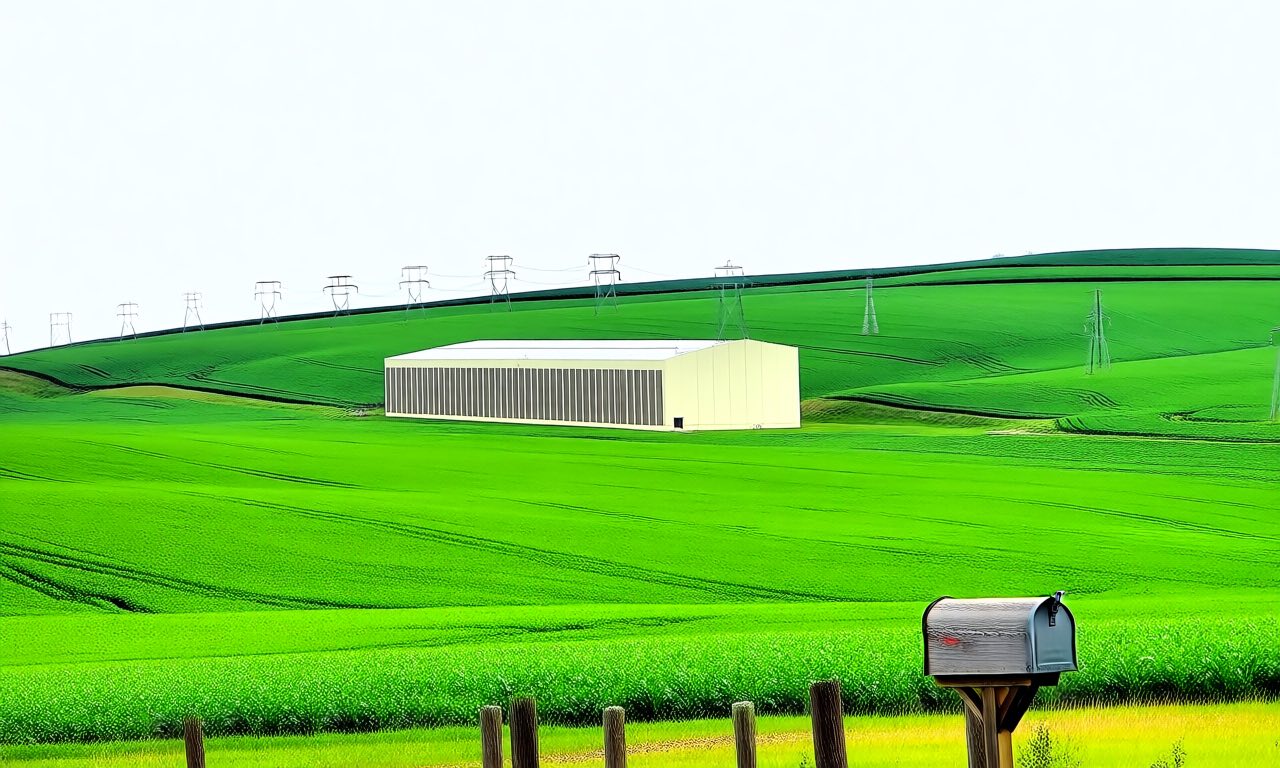 A windowless data center building rising from green Pennsylvania farmland