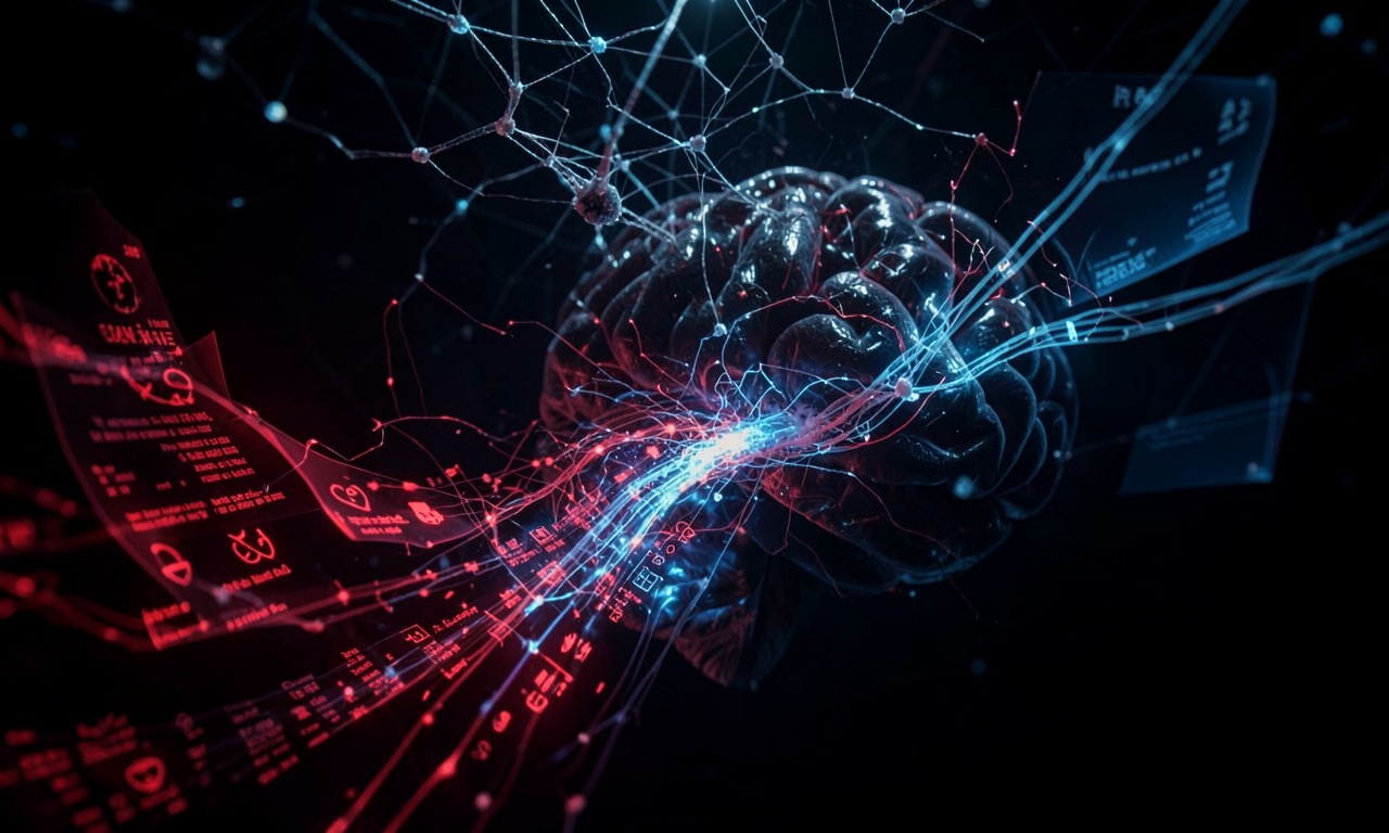 Corrupted documents flowing into an AI model training pipeline, digital poison concept