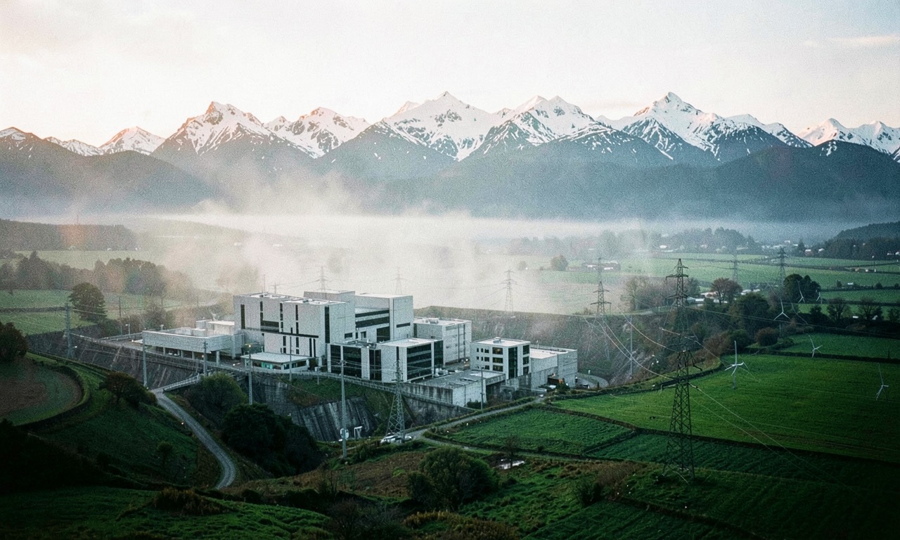 Hydroelectric dam with data centre buildings in the foreground, misty Southland morning, renewable energy infrastructure, documentary photojournalistic style