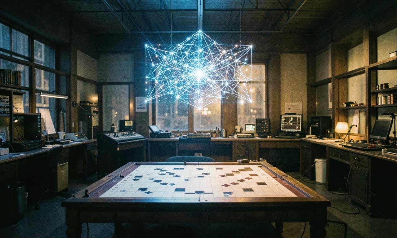 British research laboratory with glowing AI neural network above a Go board, dramatic blue and gold lighting