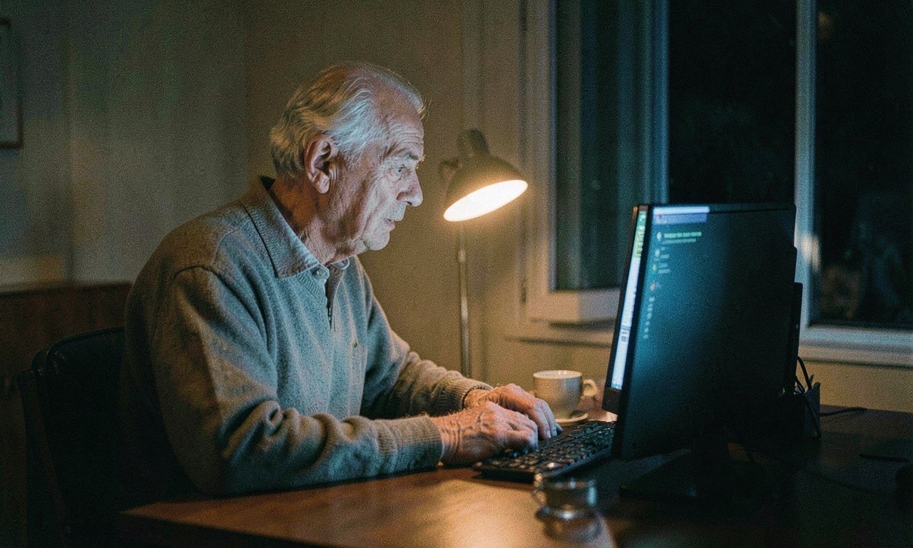 Elderly man at computer screen with warm light, chatbot conversation visible, intimate late-night atmosphere
