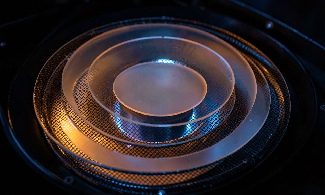 An abstract environmental composition showing layered security barriers — concentric translucent panels of frosted glass and dark steel mesh, lit from within by amber and blue light, suggesting defense-in-depth monitoring. No text, no screens, no signage.