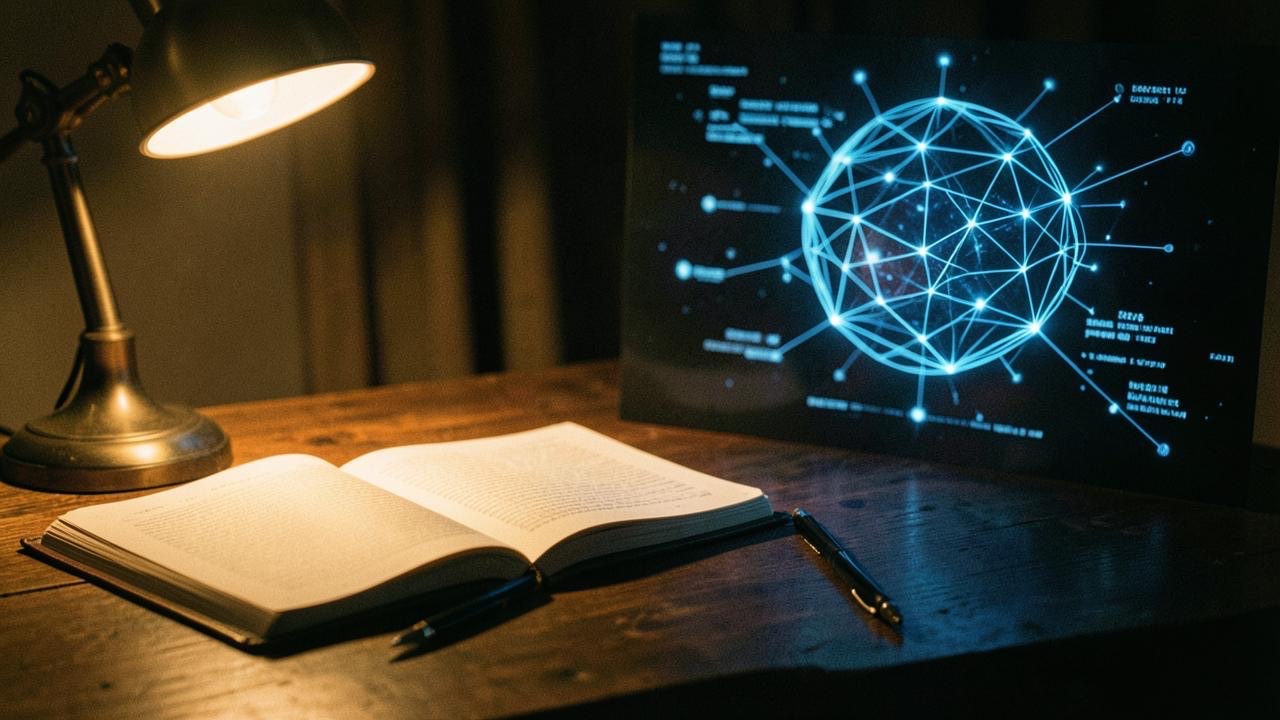 Philosopher's desk with notebook beside glowing AI neural network visualization, warm amber and cold blue light, documentary style