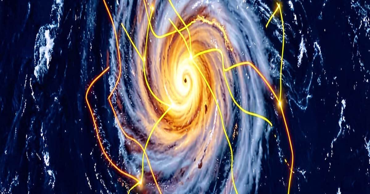 A satellite view of a swirling tropical cyclone over a dark ocean, with glowing data overlay lines tracing the storm's predicted path, bright warm lighting on the storm's eye