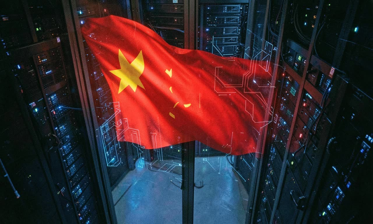 Chinese flag overlay on server racks in a data center, dramatic red lighting, documentary style
