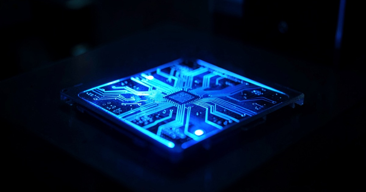 A silicon wafer glowing blue under inspection lights, with abstract circuit patterns suggesting AI chip design