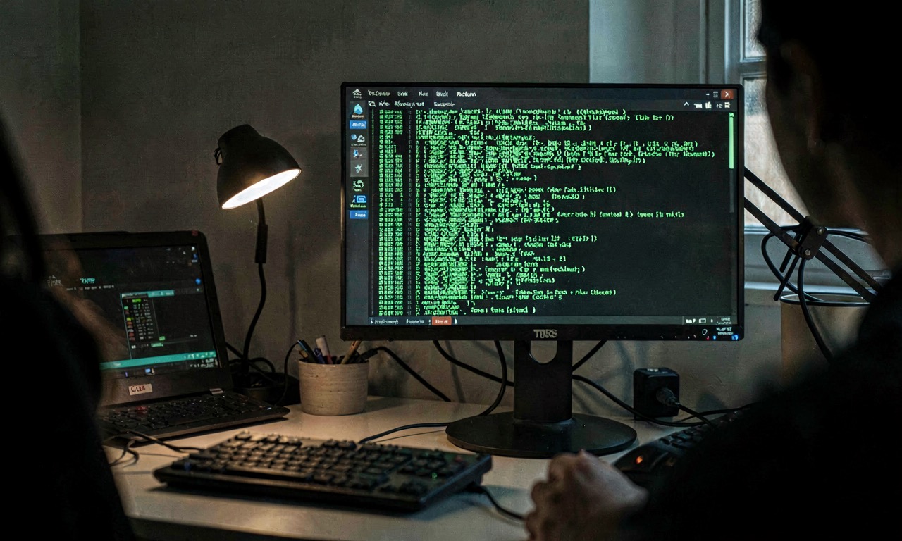 A terminal screen showing cascading green code with cache-hit metrics glowing in the corner, dark room, developer workstation, cinematic