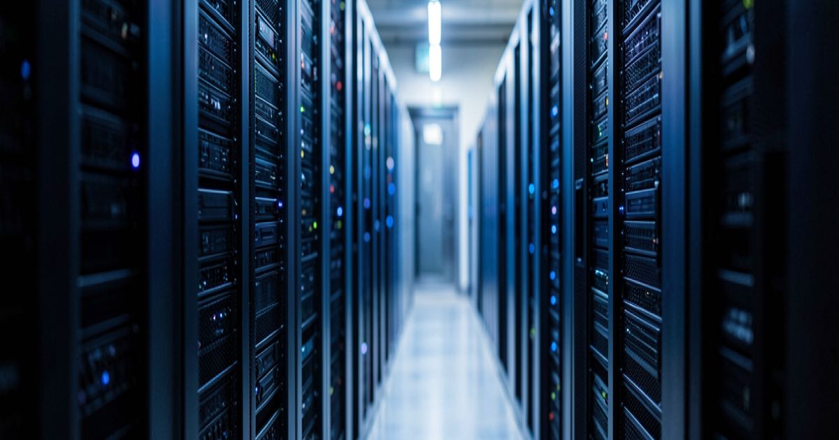 A modern data centre aisle with rows of server racks, cool blue lighting, shallow depth of field.