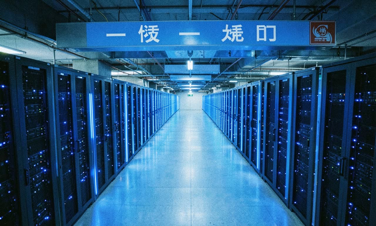 Server racks with glowing blue lights, data center corridor, documentary style, overhead shot