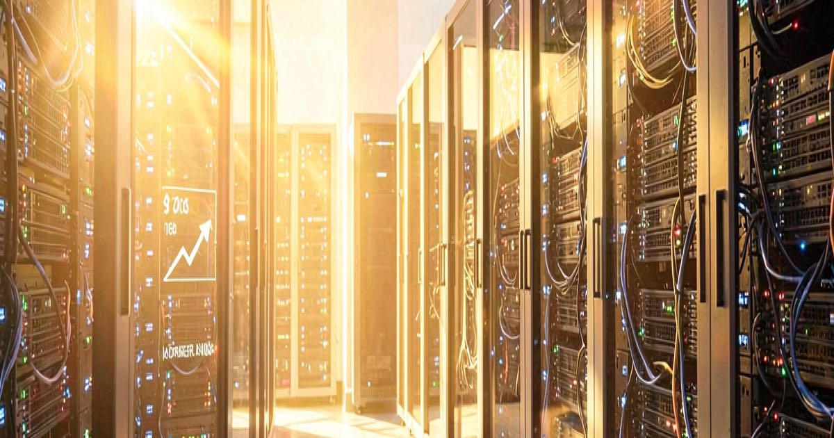 A bright sunlit data centre with rows of glowing GPU servers, golden light streaming through glass panels illuminating a pricing tier display with upward trending arrows