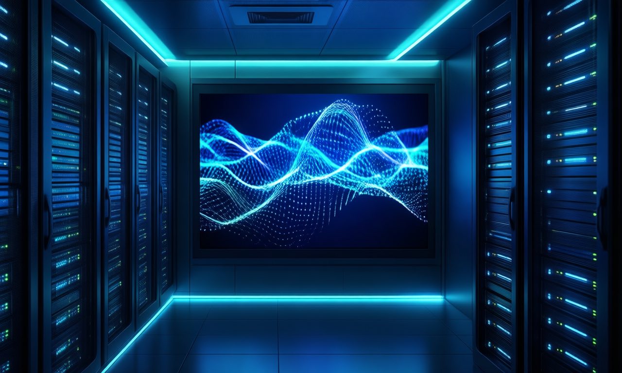 A dimly lit data-centre corridor with glowing blue server racks, a large wall display showing an abstract neural-network waveform — the infrastructure behind DeepSeek's fast, cheap Flash model update.