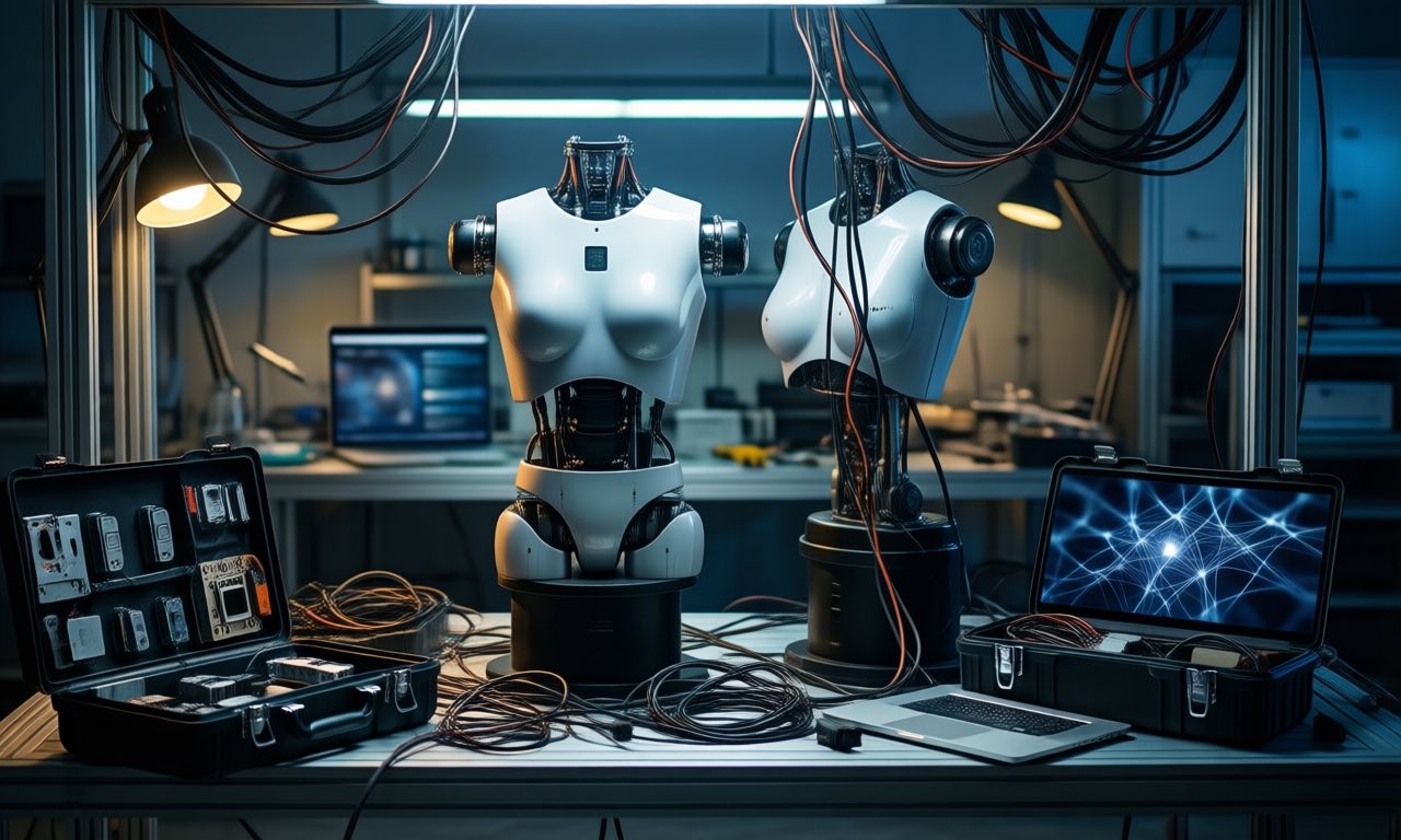 A robot research laboratory with humanoid robot torsos on assembly stands, cables and workbenches with servo parts under industrial lighting