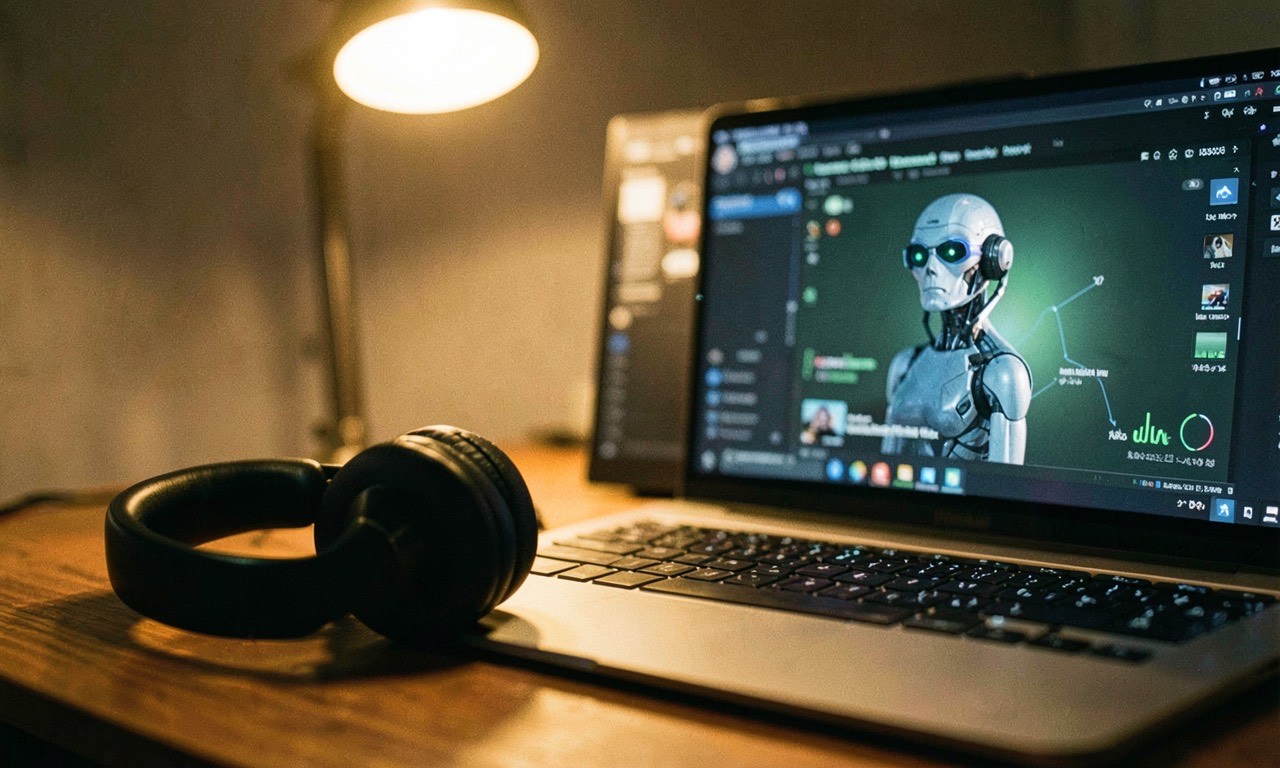 Streaming platform interface with AI-generated music tags, headphones on a desk, moody lighting