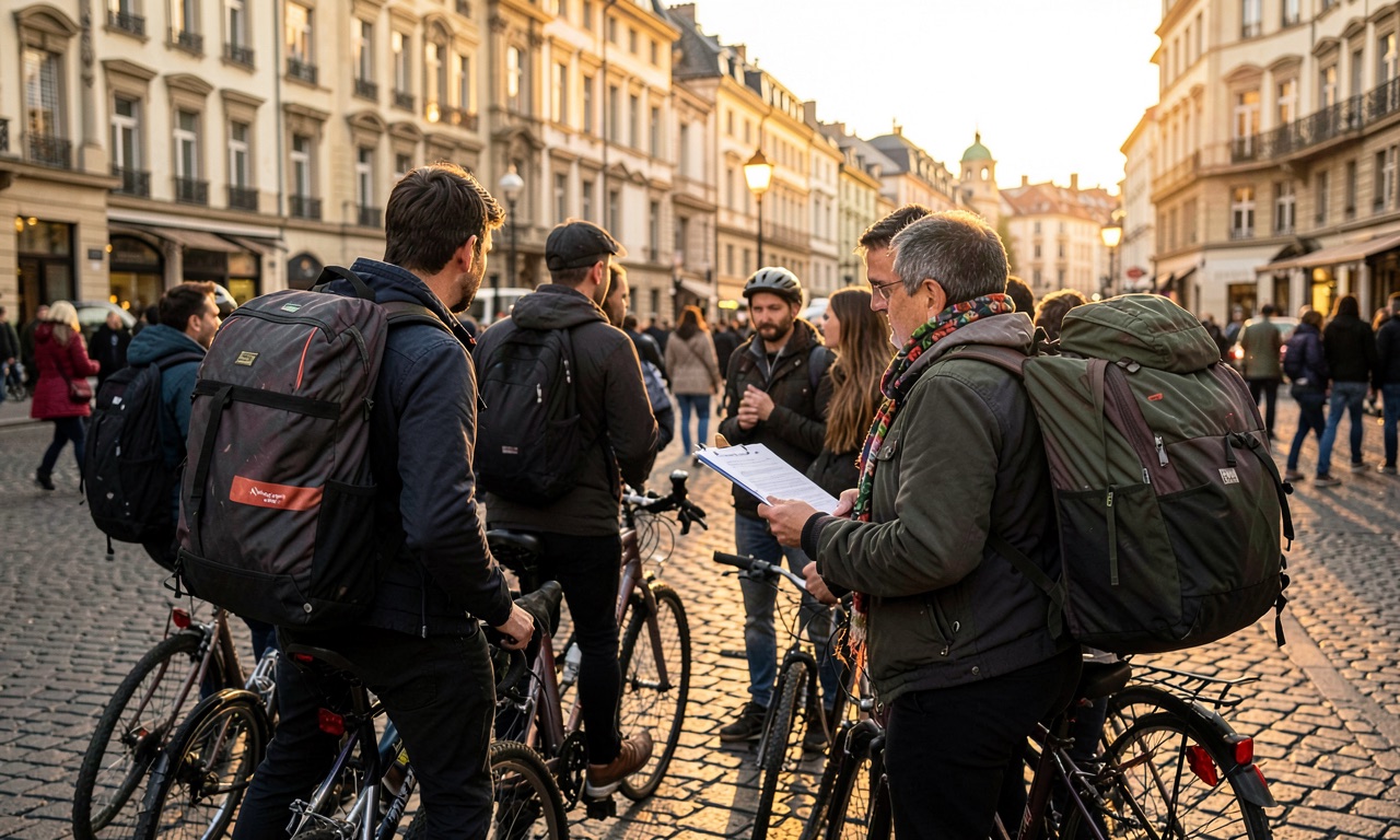 Food delivery riders with insulated backpacks gathered with bicycles around a researcher holding a clipboard on a European city square in the evening