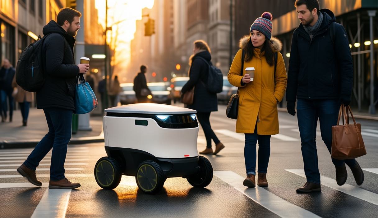 A real six-wheeled cooler-sized sidewalk delivery robot crossing a pedestrian crossing on a city street at golden hour while commuters walk past, a woman in a mustard-yellow coat and colourful patterned beanie glancing at it with curiosity, warm evening light on wet pavement