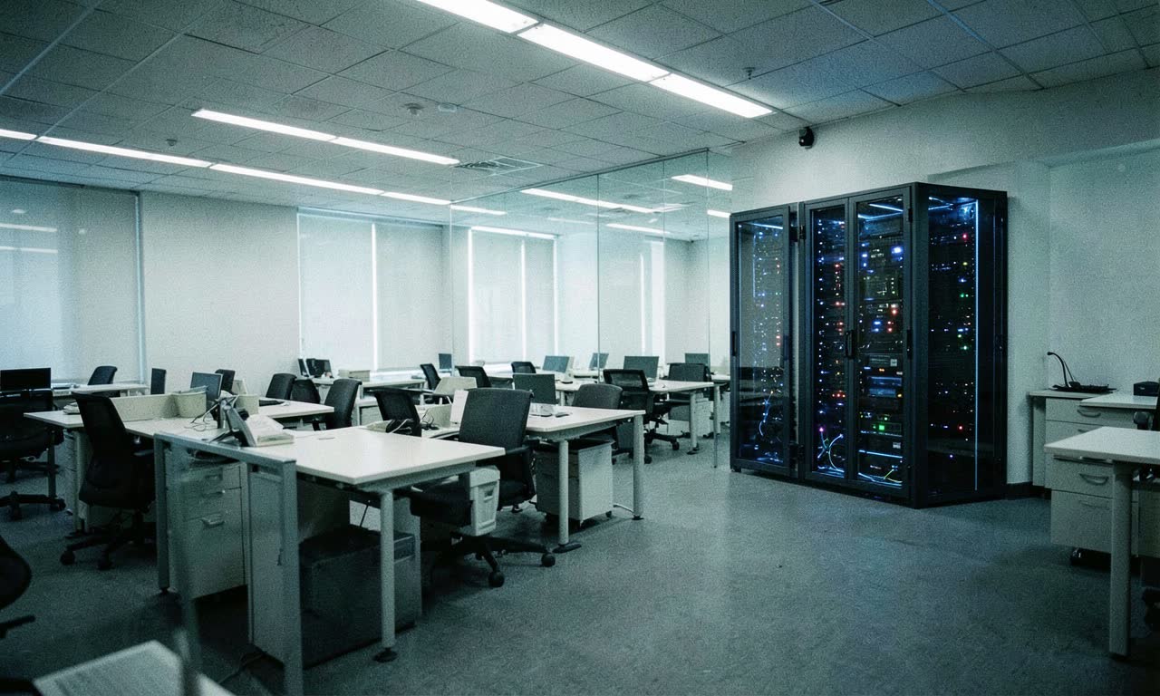Empty corporate office with rows of vacant desks and a glowing AI server rack in the corner