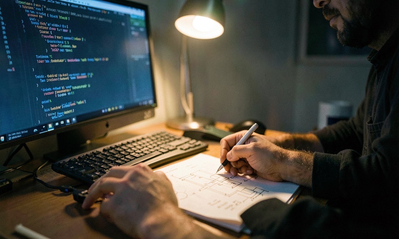 A developer at a desk with code on screen but hands on a notebook sketching architecture, warm side lighting, cinematic