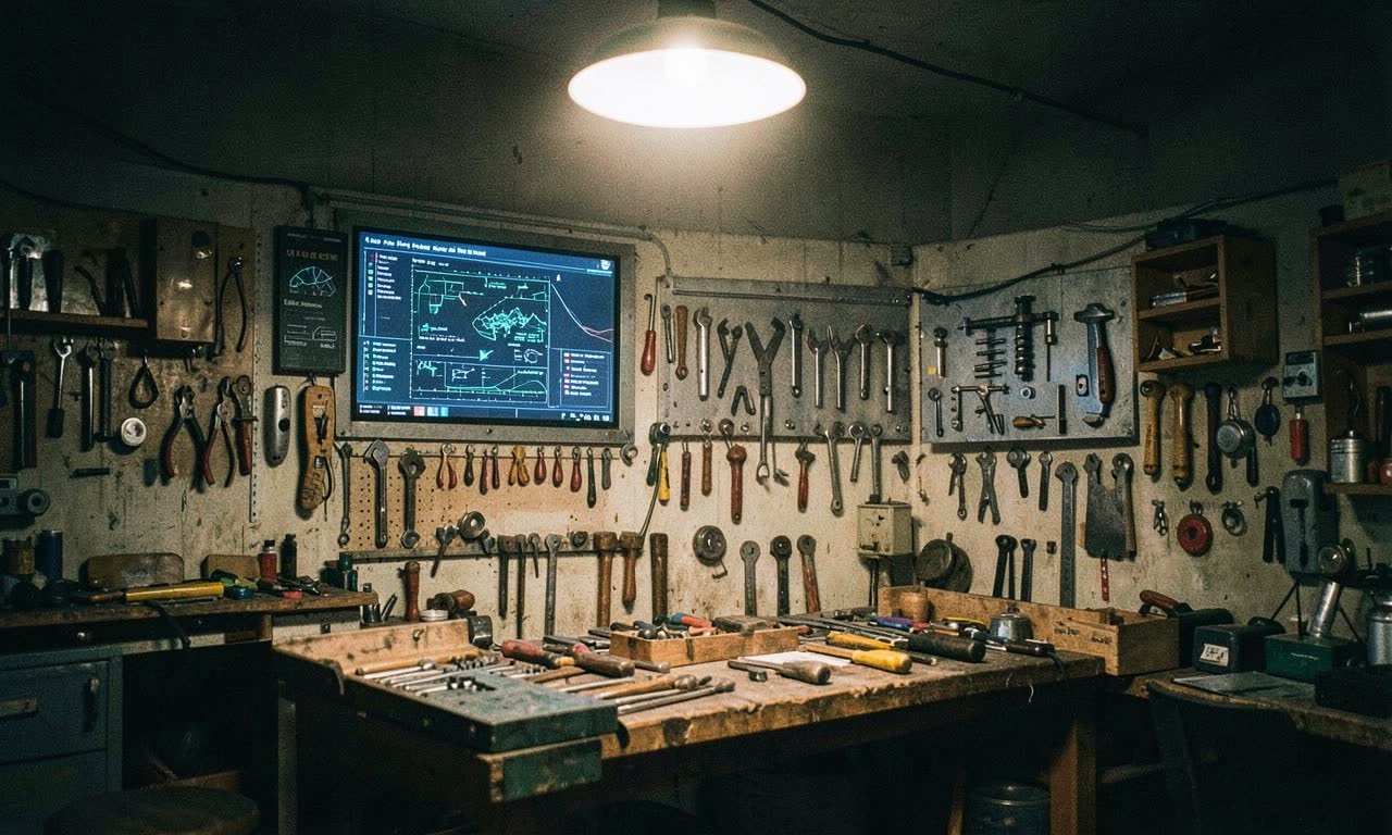 A trade workshop with modern AI-assisted equipment alongside traditional tools, highlighting the gap between industry needs and trade school curricula