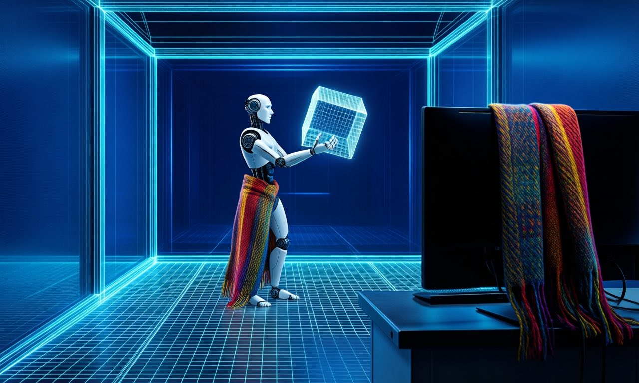 A humanoid robot standing inside a glowing wireframe virtual training chamber with a simulation grid floor, reaching toward a holographic cube floating in mid-air, a colourful scarf draped over a monitor in a dark blue research laboratory.