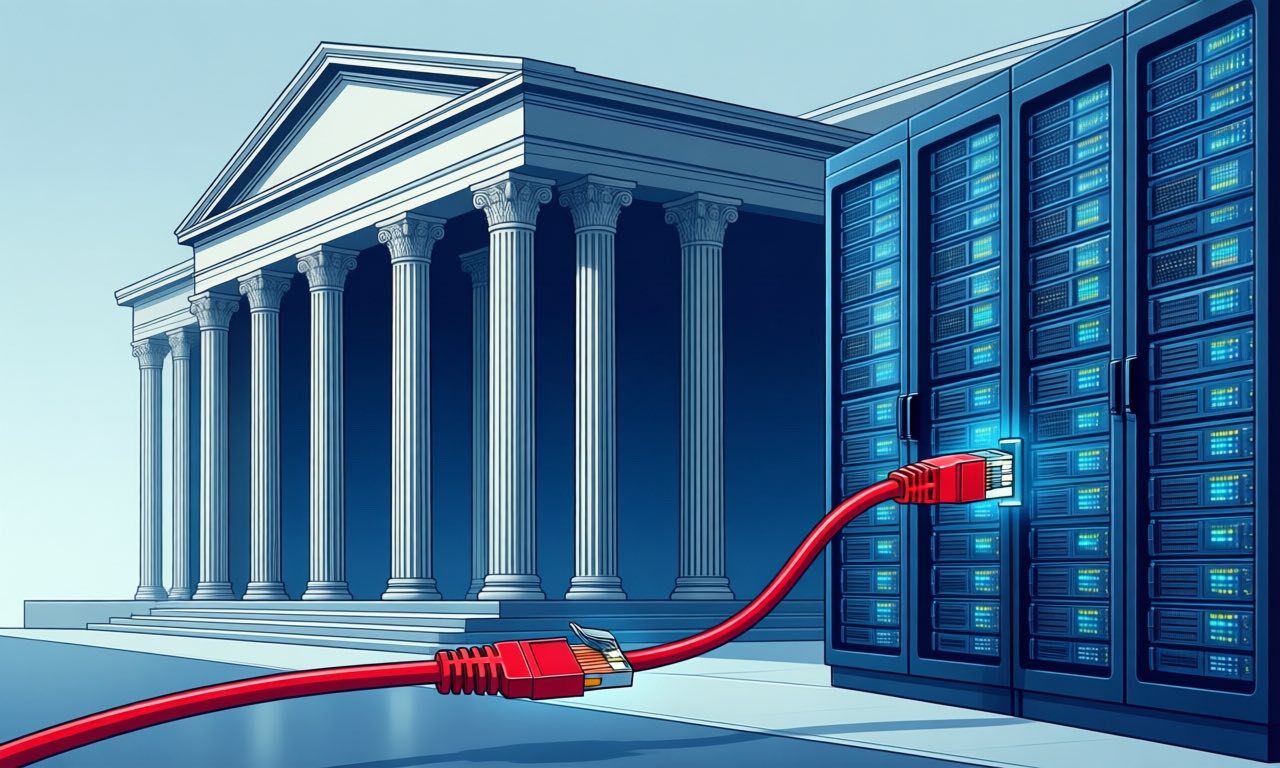 A red network cable being unplugged from glowing blue server racks in a columned government data centre, minimalist editorial illustration