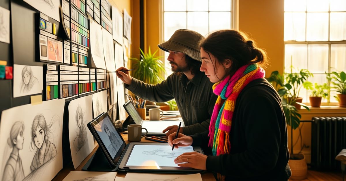 Two animators with a bucket hat and colourful scarf working over a storyboard wall in a studio workspace, sketches pinned around them, plants nearby, natural window light, documentary editorial photography