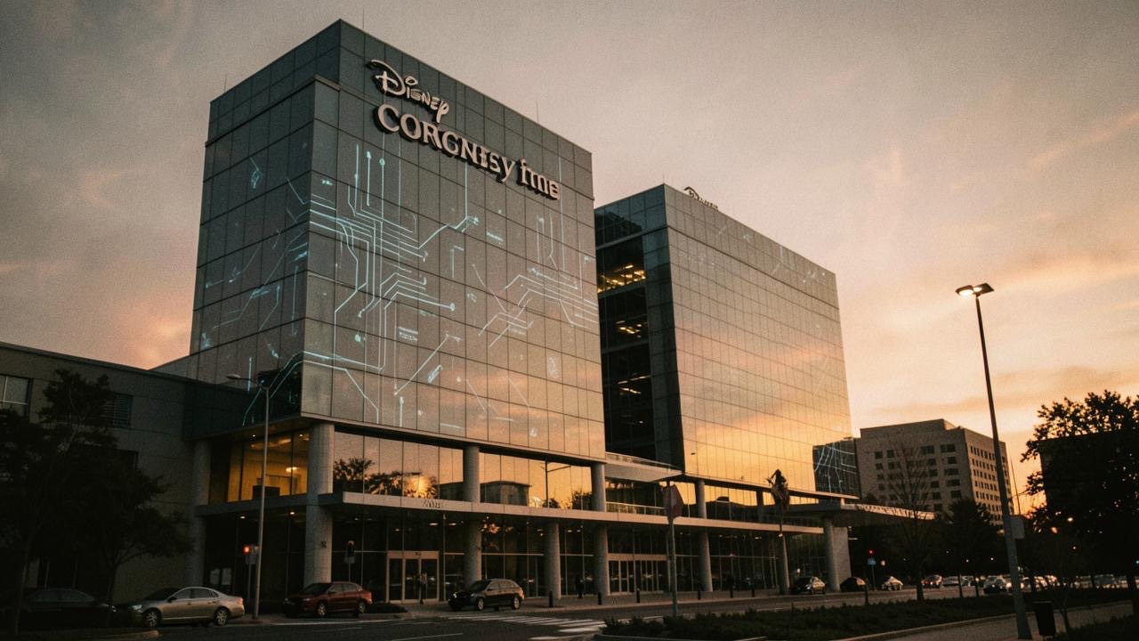 Disney corporate headquarters with AI digital overlay representing technological workforce transformation