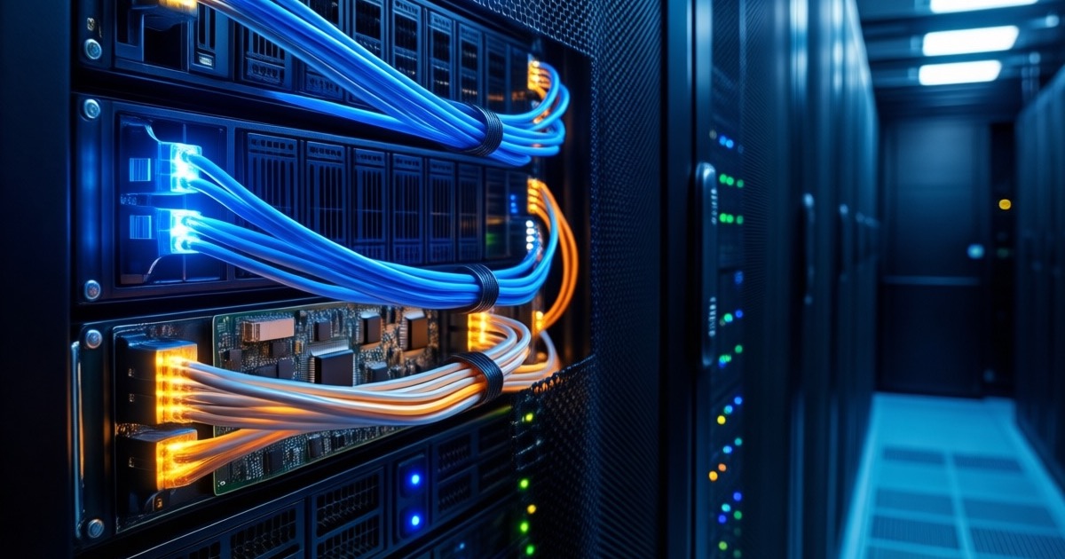 Close-up of a liquid-cooled AI server rack with glowing connection pathways between circuit boards, deep blue and amber lighting, photographed in a modern data centre aisle