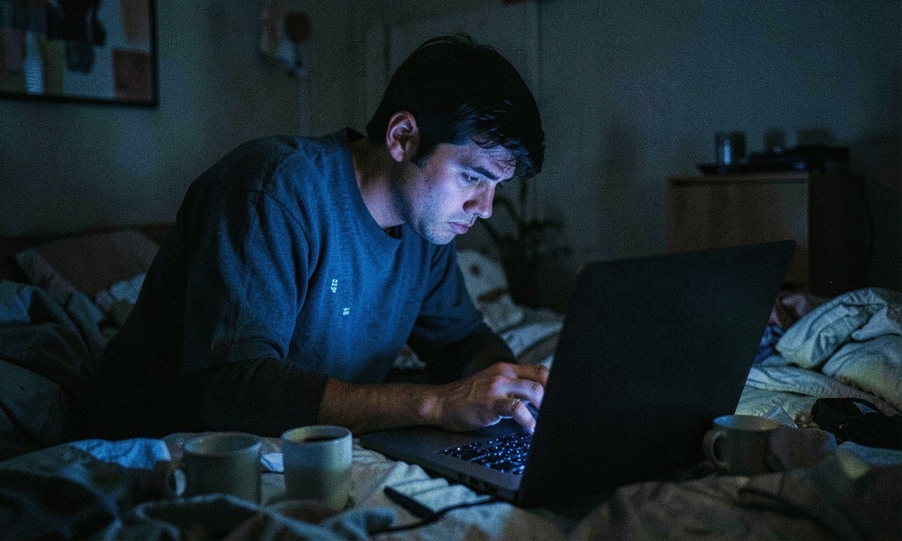 Developer hunched over laptop at 1am with blue terminal glow on face, messy room, empty coffee cups