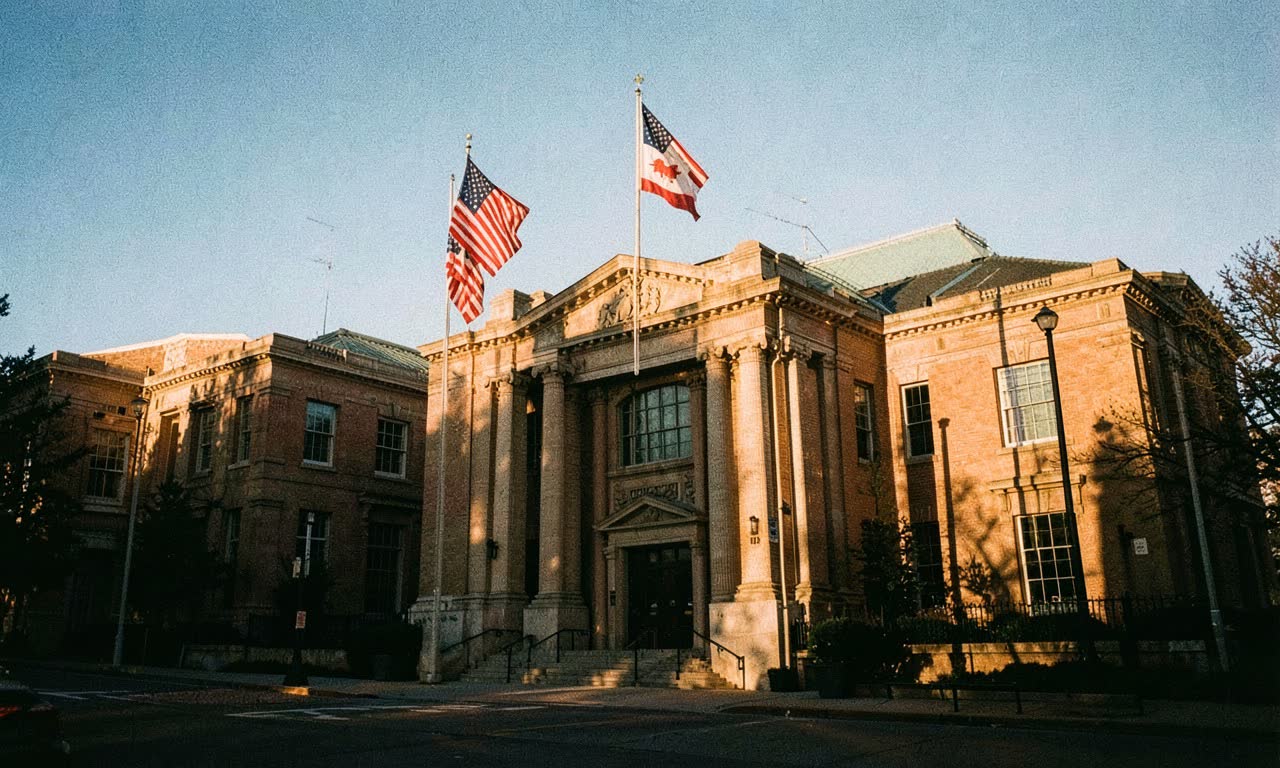A courthouse with American and Colorado state flags, dramatic afternoon light