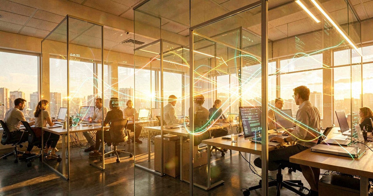 Abstract composition of a warm sunlit open workspace with interconnected translucent glass panels and glowing data streams flowing between them, vibrant golden hour lighting, collaborative energy, no text visible
