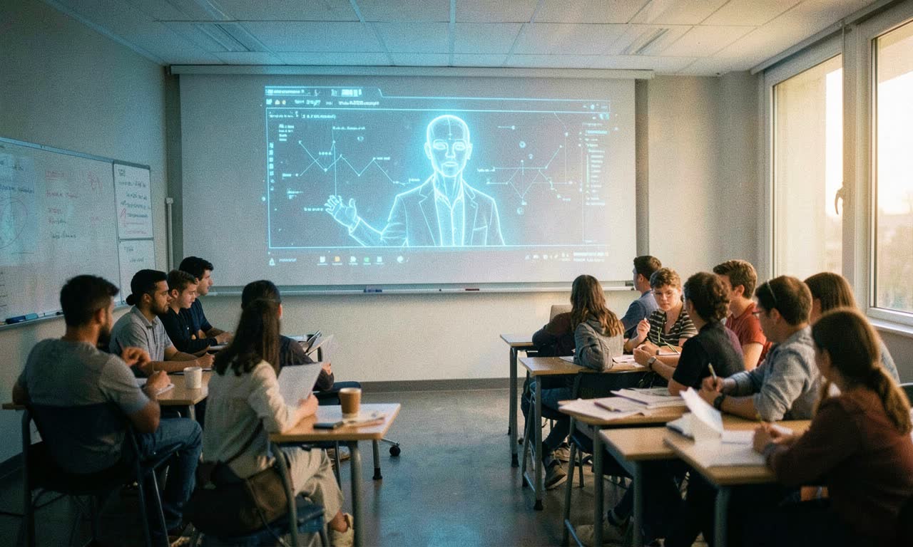 A classroom with a holographic AI teacher at the front, students engaged at their desks